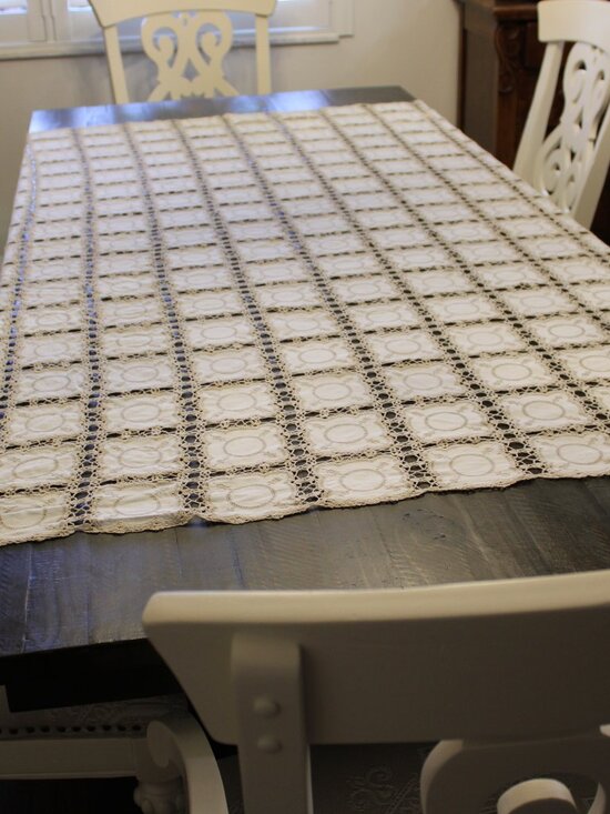 Antique Tablecloth Hand Embroidered granny Squares Linen Crochet Victorian Lace - Picture 3 of 9